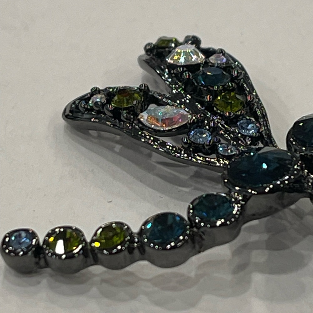 Vintage Multicolor Rhinestone Dragonfly Brooch Black Metal  Has Crown Mark - Picture 6 of 16